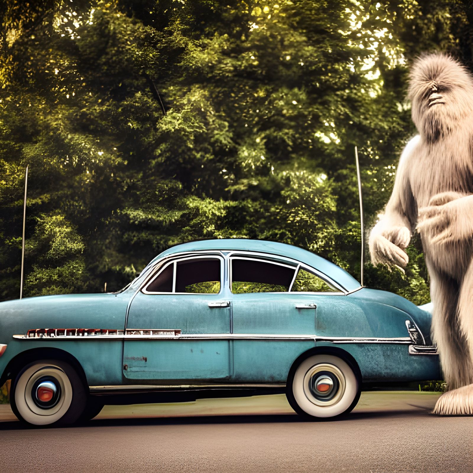 The Yeti and a 1950s Car, Sharp Photo