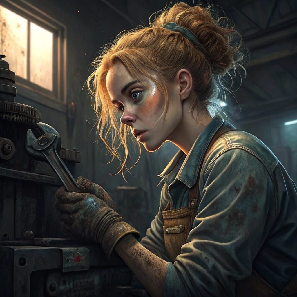 Gritty Female Mechanic Working with a Worn Wrench in a Dimly...