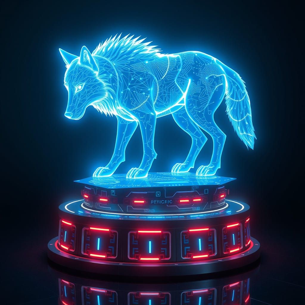 Majestic Holographic Wolf in Futuristic High-Tech Scene