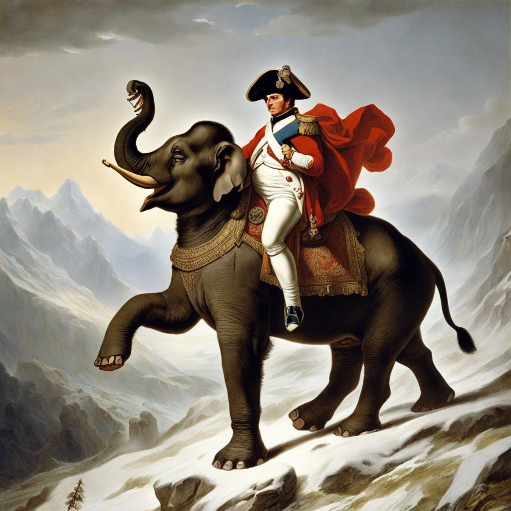 Napoleon on Elephant Crossing Alps in Surrealist Style