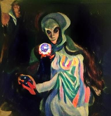 Woman Transforms to Lich with Orb in Fauvist Style