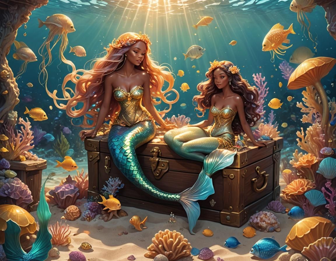 Mermaid on Treasure Chest in Glowing Ocean Fantasy
