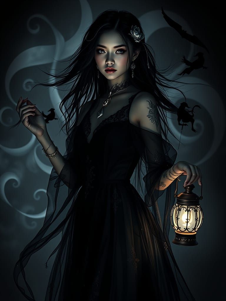 Ethereal Shadow Puppeteer Woman in Monochromatic Glory