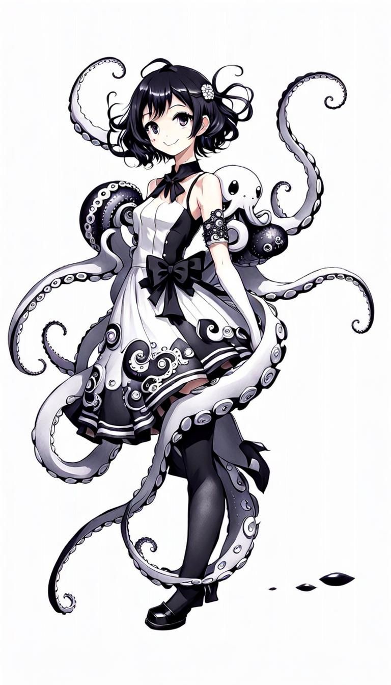 Cute Octopus Girl in Anime-Style Ink Drawing