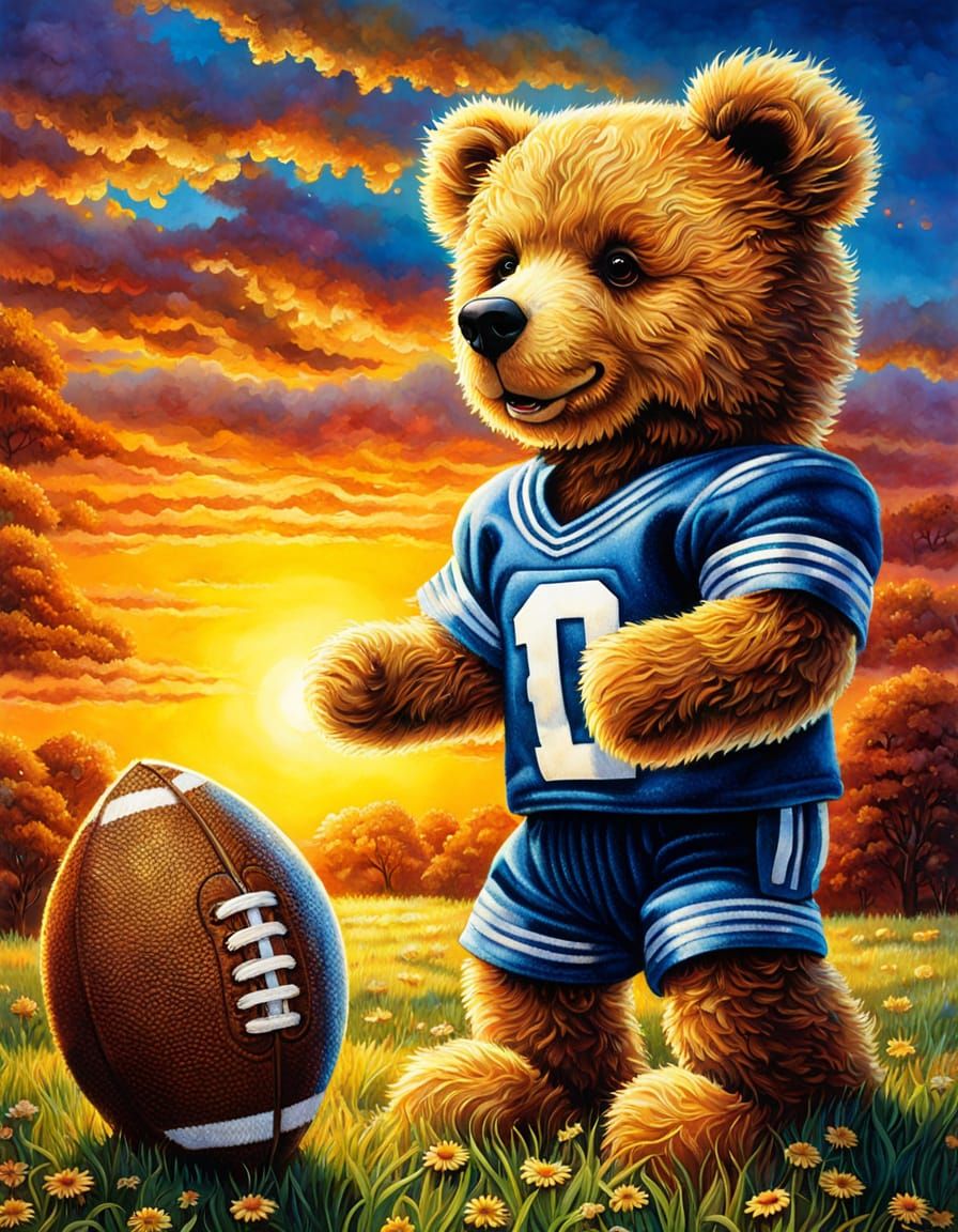 Happy Teddy Bear Plays Football on Sunny Field