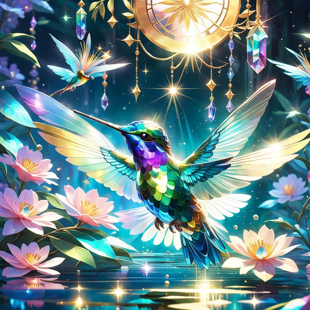 Iridescent Crystal Hummingbird with Gold Details
