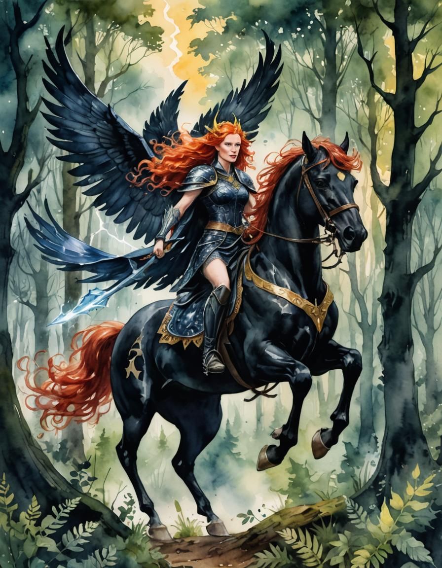 Redhead Fairy Queen on Winged Stallion Watercolor