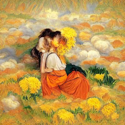 Girls Kissing in Marigold Field with Divine Light