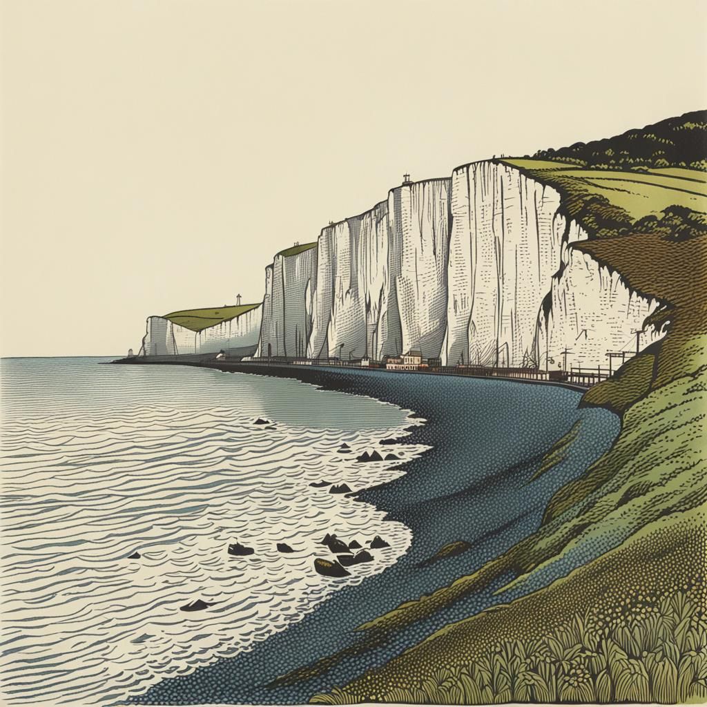 White Cliffs of Dover in Linoprint Style