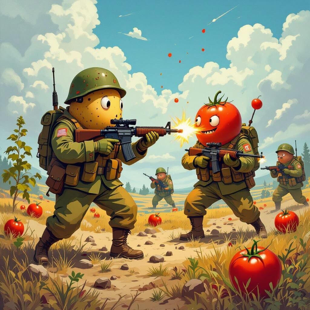 Potatoes and Tomatoes at War in Dreamlike Landscape