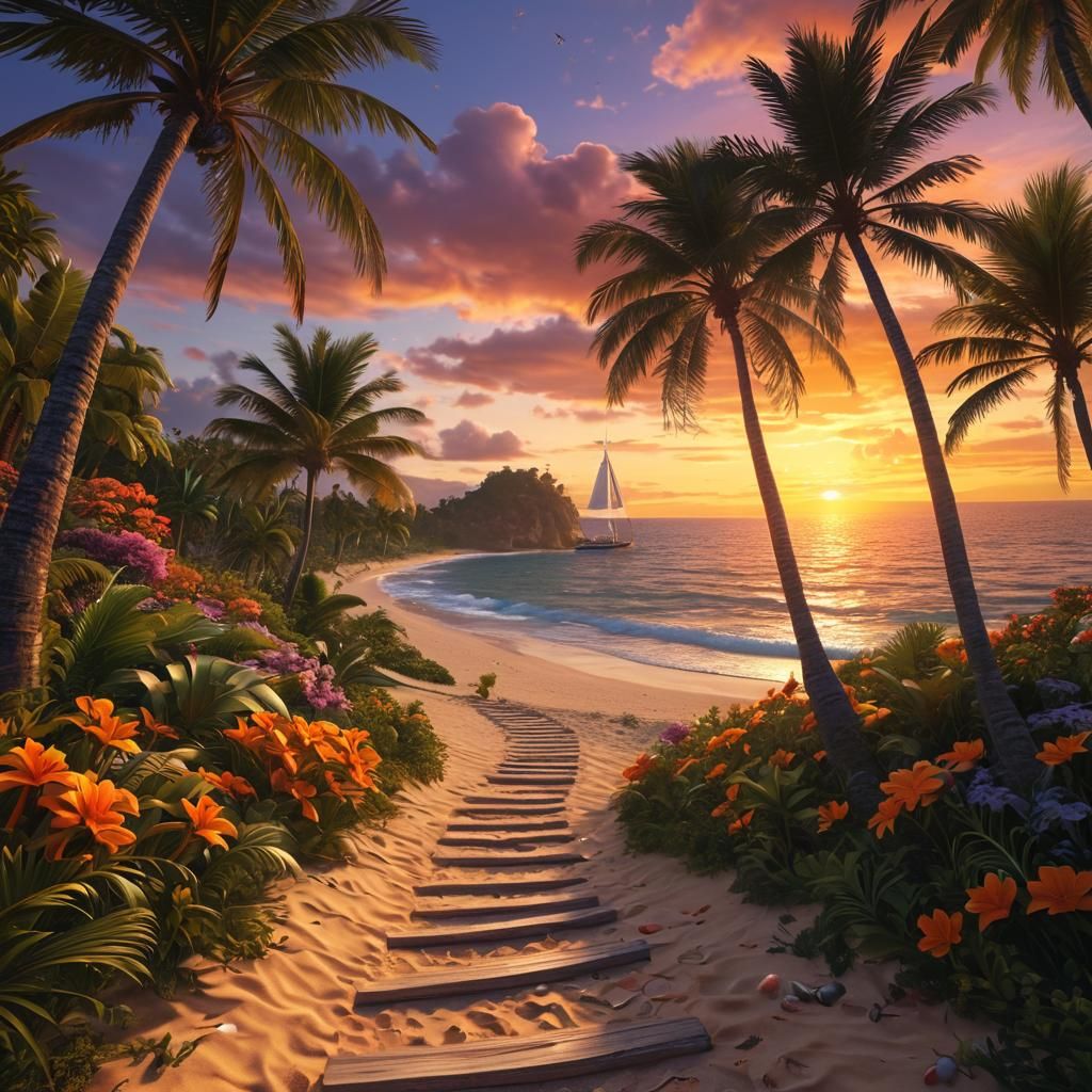 Tropical Beach Paradise at Sunset in Digital Art