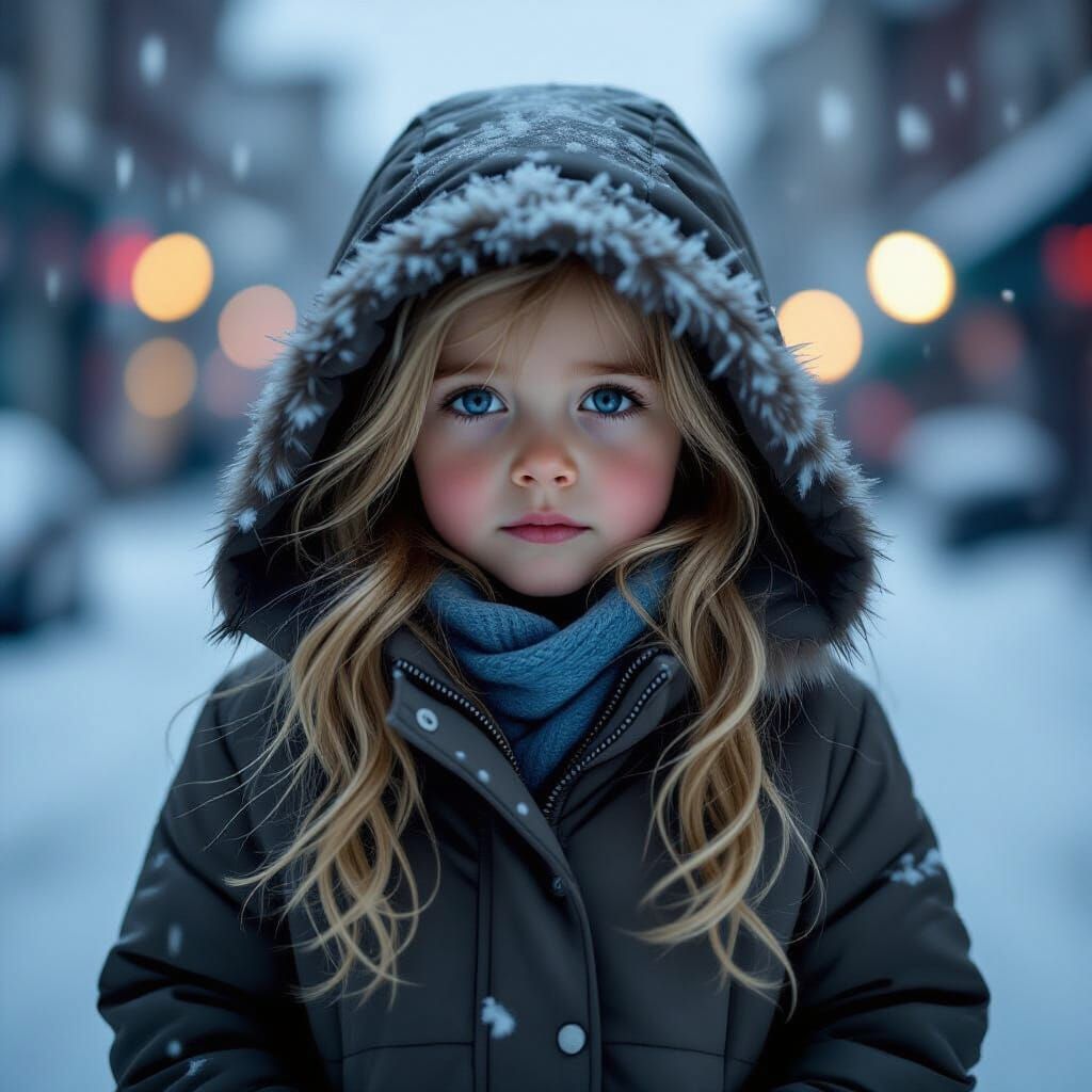 Hyperrealistic Girl in Winter Coat in Pouring Rain