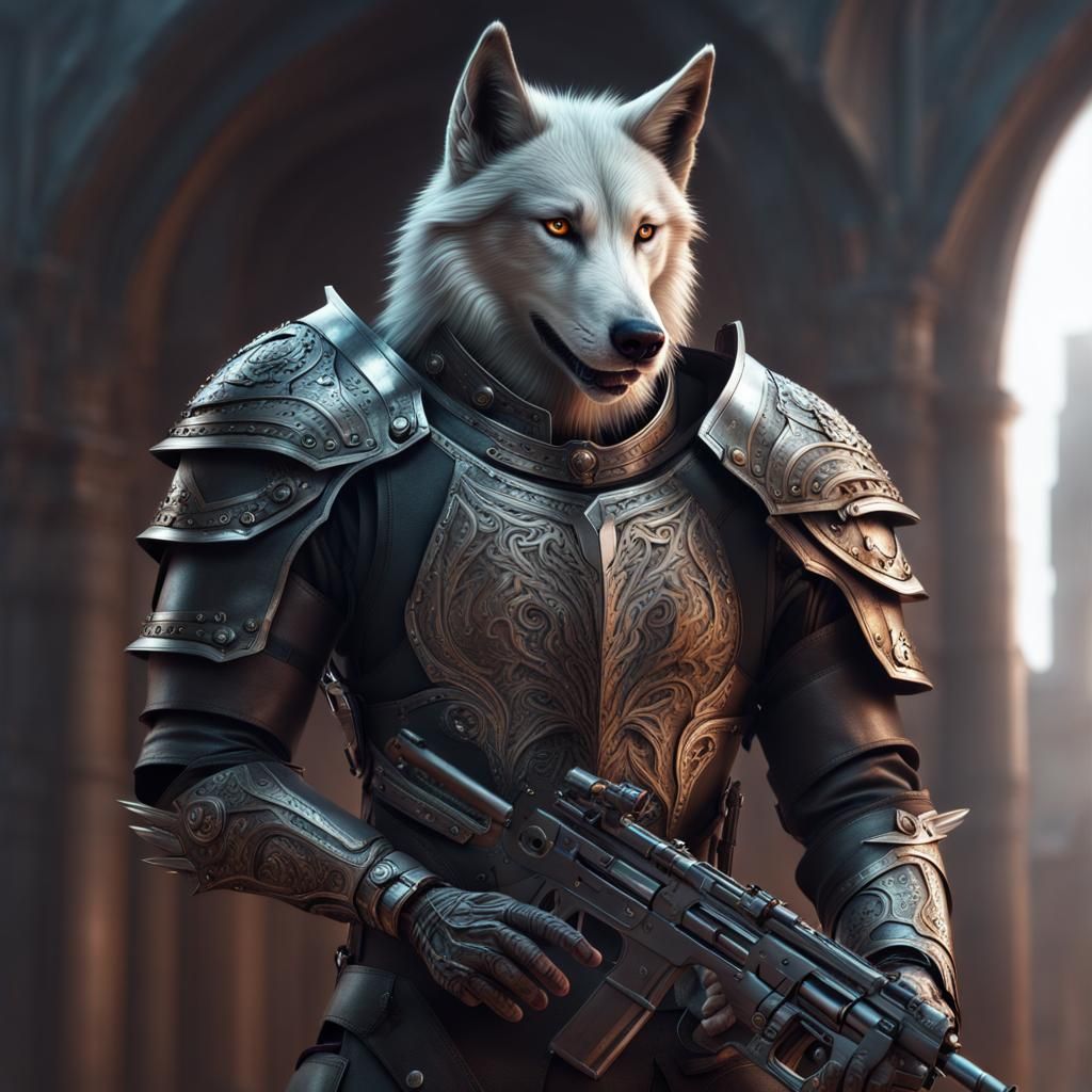 Half-Wolf Warrior with Futuristic Gun in Digital Painting