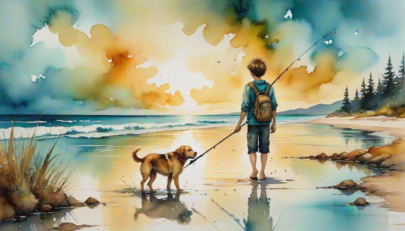 Boy and Dog on Beach in Alcohol Ink Art