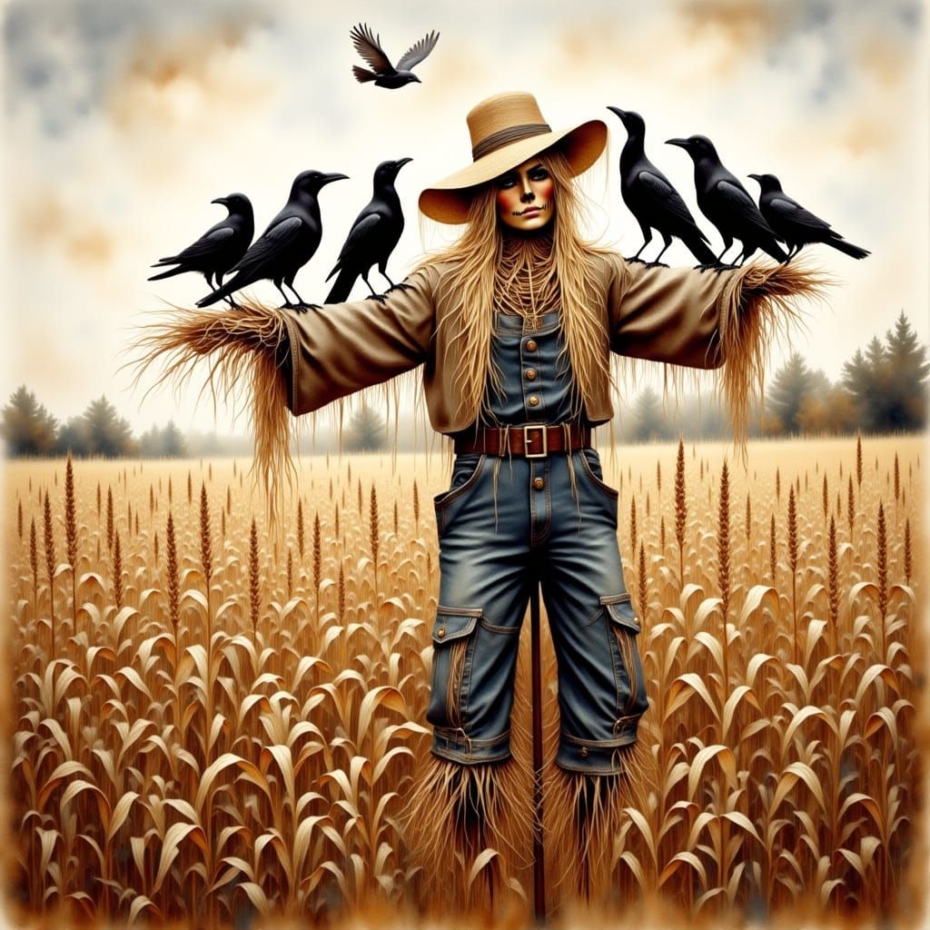 Rustic Watercolor Scarecrow in a Cornfield
