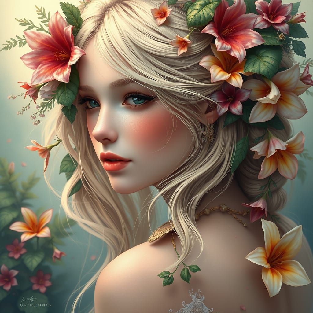 Ethereal Fantasy Woman Adorned with Exotic Flowers and Folia...