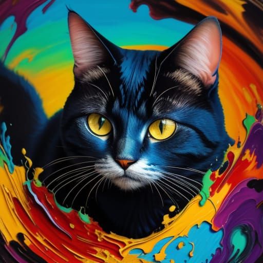 Surreal Cat Surrounded by Destruction: Oil Painting