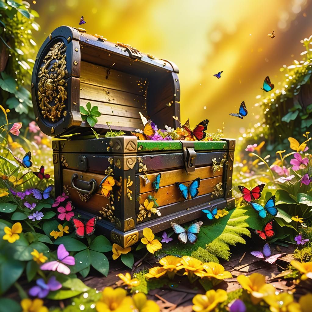 Lush Chest Bursting with Flowers in Golden Light