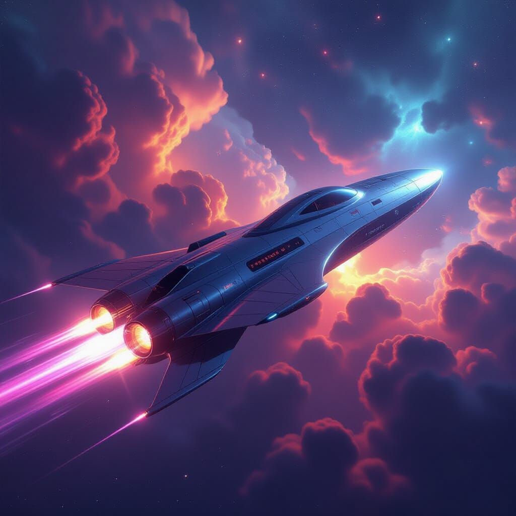Spaceship Soaring Through Nebula with Iridescent Plasma Trai...