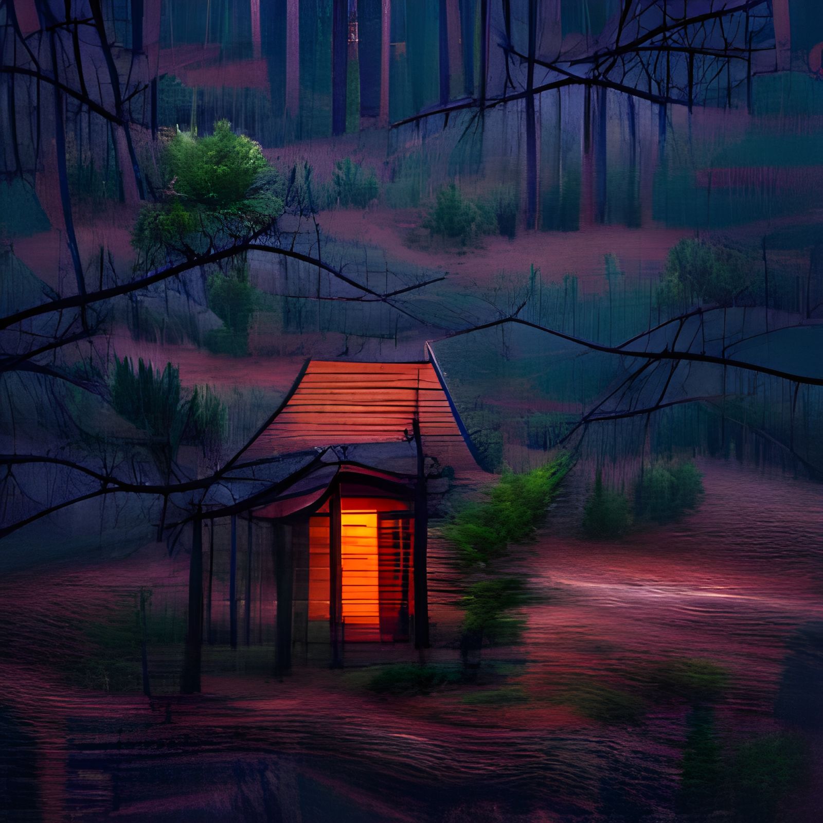 Secluded Cabin in Forest at Twilight