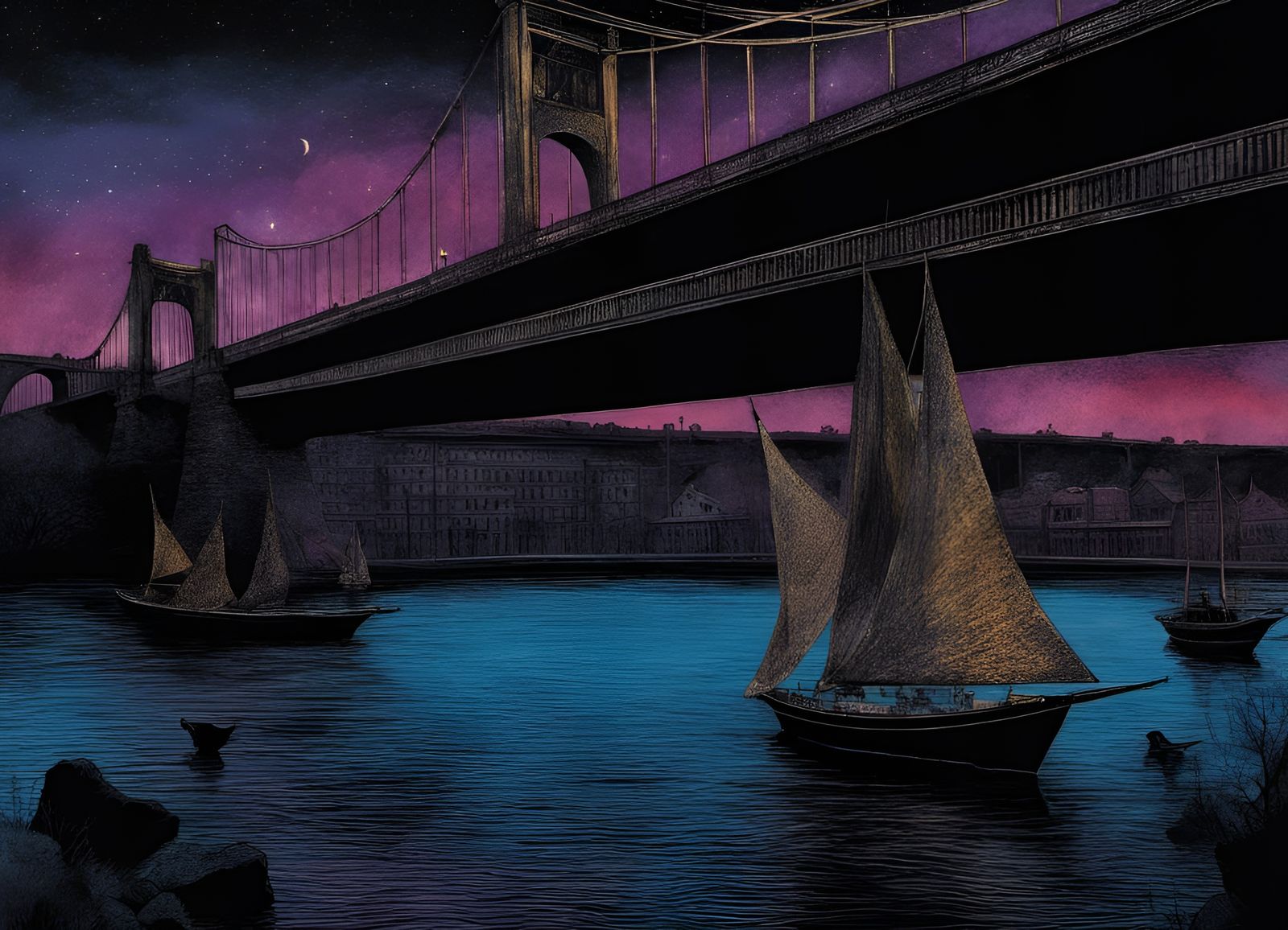 Surreal Witchcraft Sailing Under a Dark Bridge