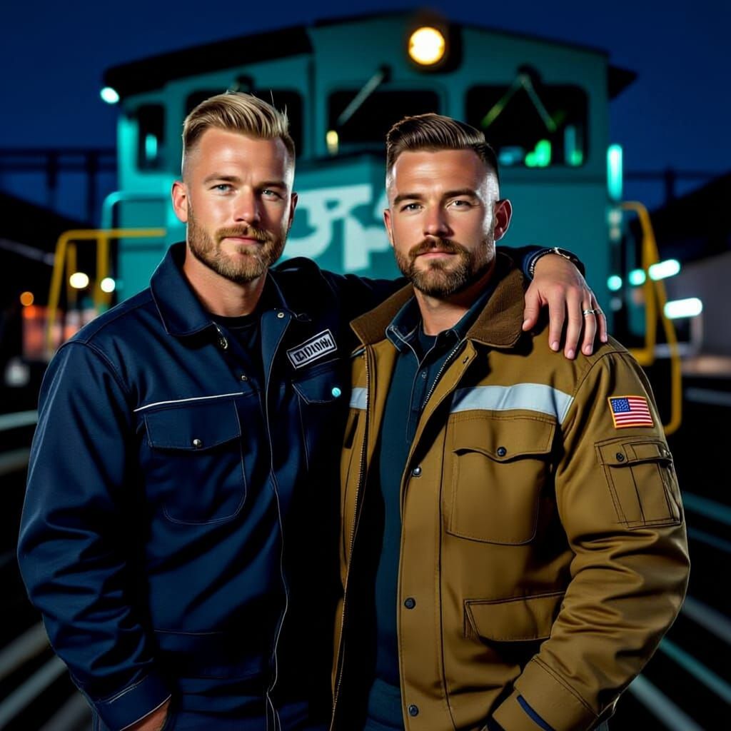 Handsome Men Pose at Industrial Rail Station