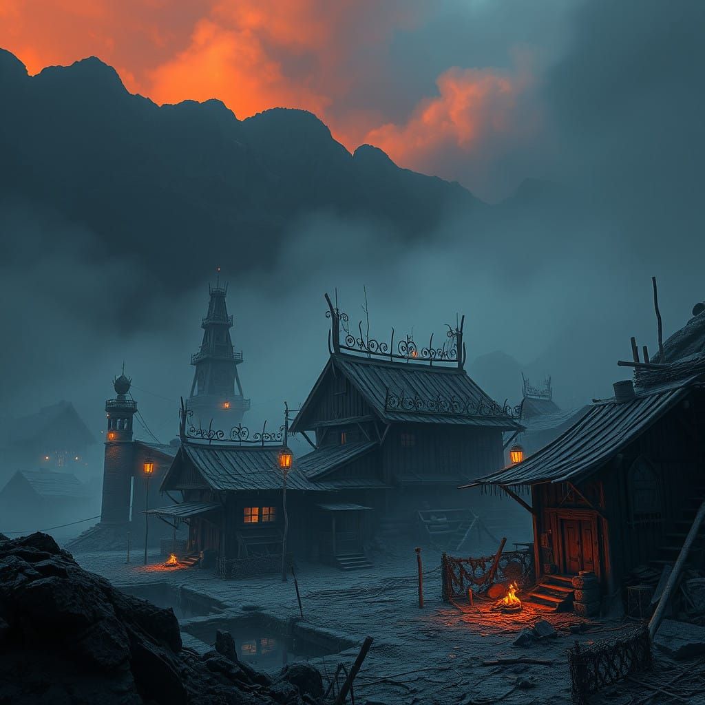 Misty Ash-Covered Settlement in Red Mountain's Shadow