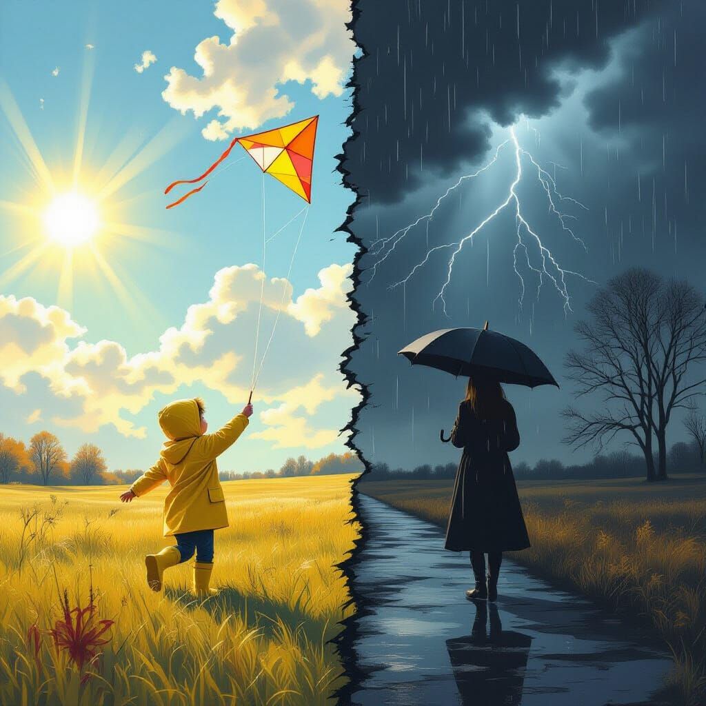 Split-Screen Surrealism: Meadow and Storm