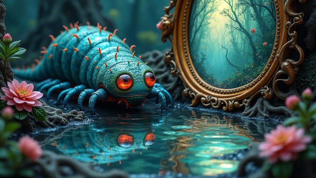 Whimsical Centipede Peers into Enchanted Mirror