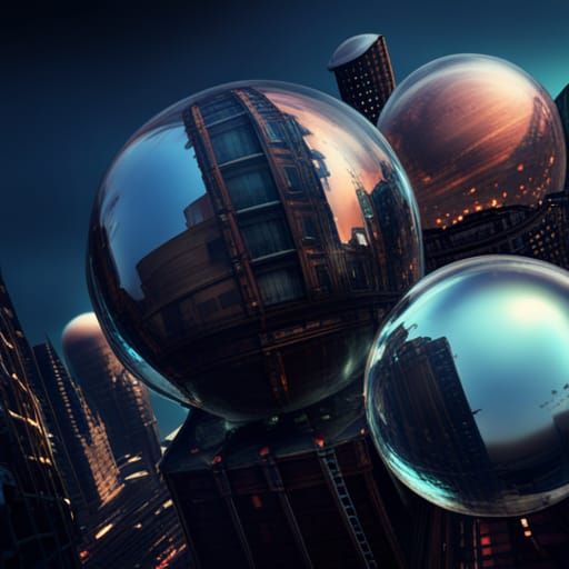 Glass Spheres Floating in a Cityscape as Digital Art