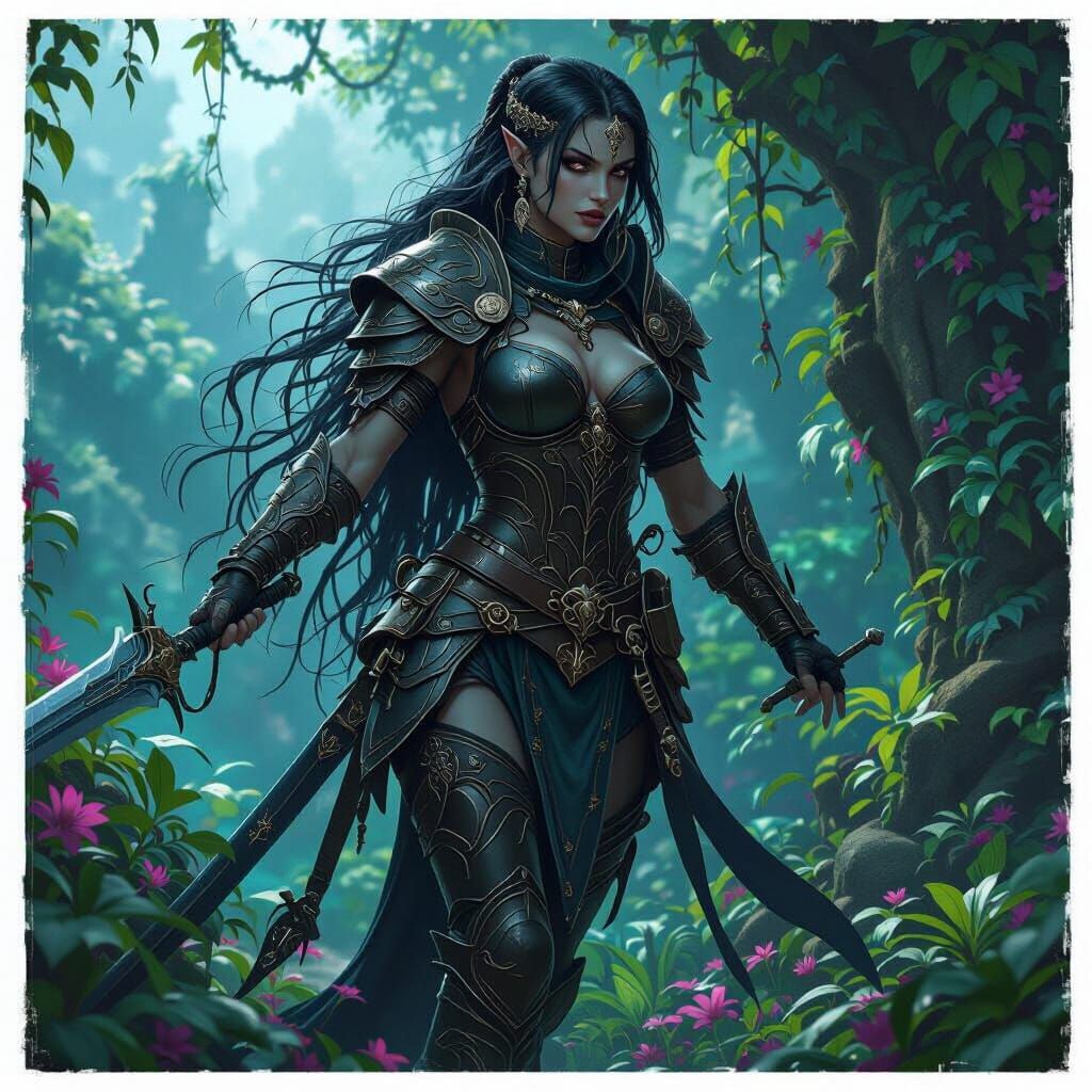 Heroic Drow Warrior in a Lush Fantasy Realm