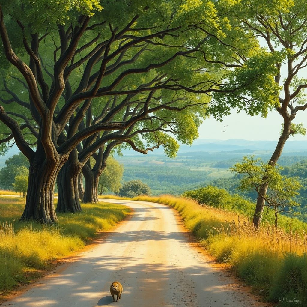 Idyllic Countryside Scene with Ancient Trees and Verdant Lan...