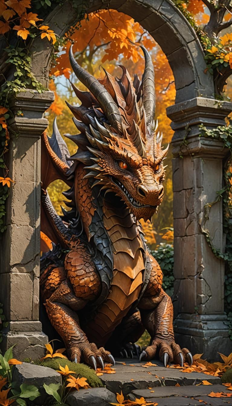 Orange Dragon Guarding Stone Gateway in Autumn