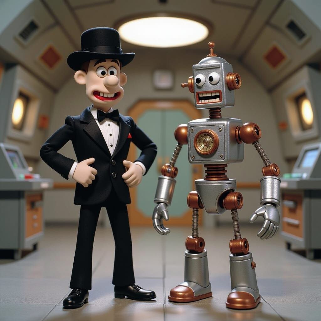 Retro Claymation Super Spy and Robot in 1960s Style