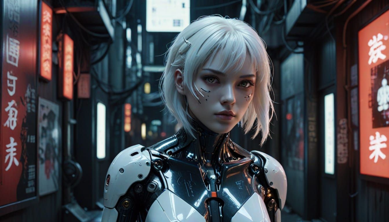 Japanese Android in Cyberpunk Alleyway