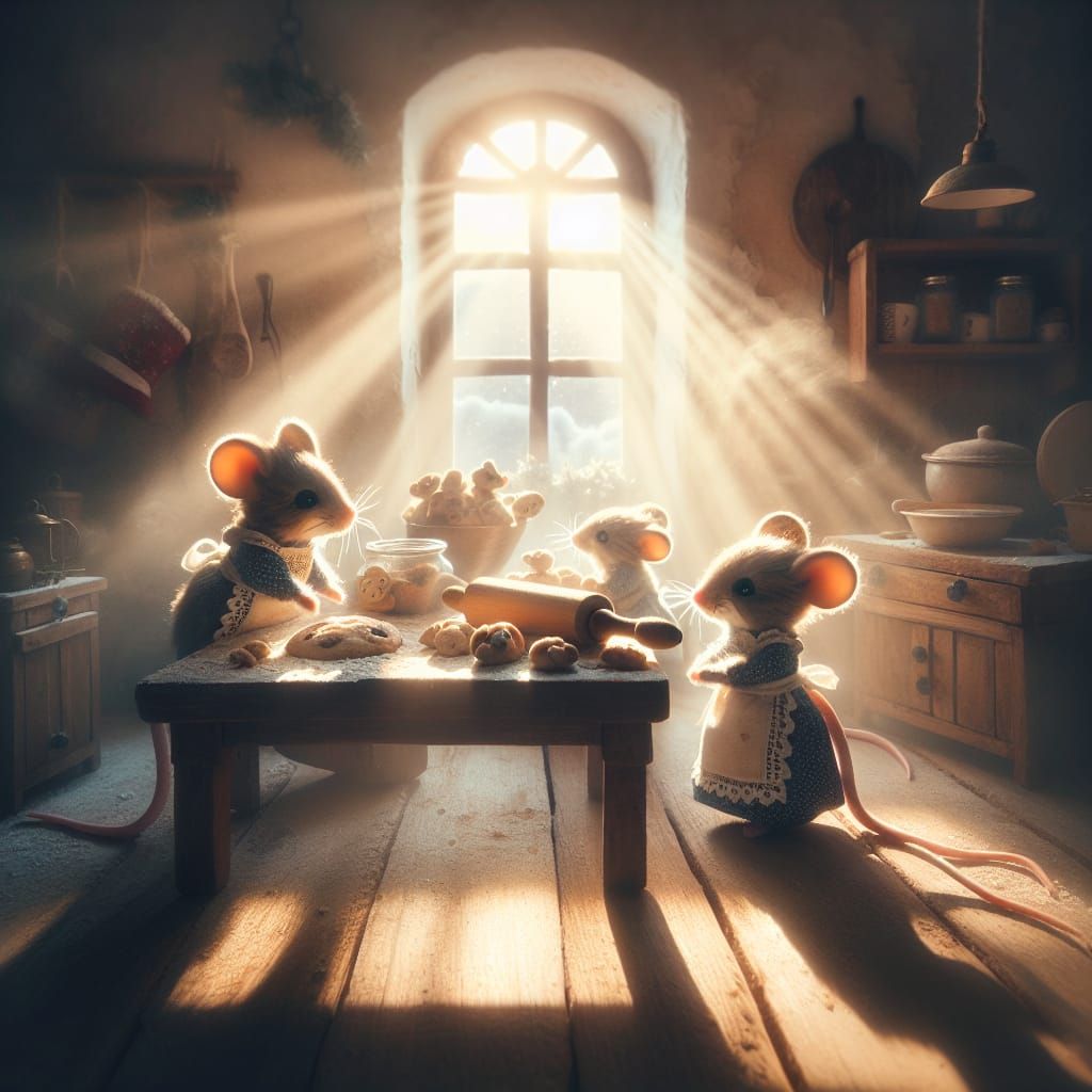 Mouse Family Bakes Christmas Cookies in Rustic Kitchen