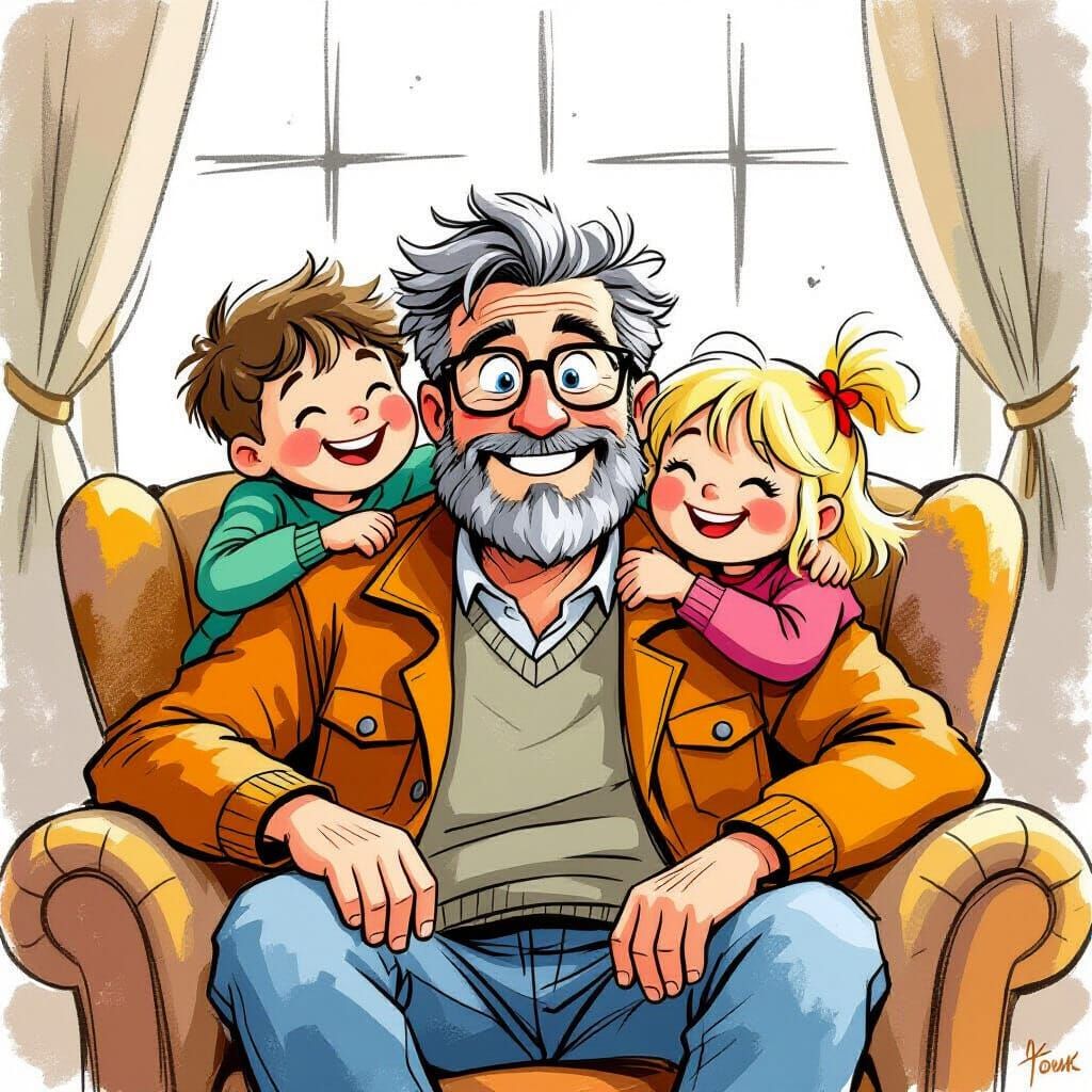 Man with Children, Whimsical Hand-Drawn Illustration