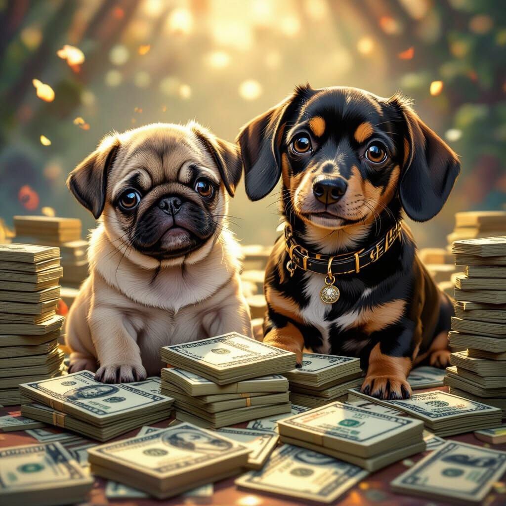 Adorable Puppies Surrounded by Wealth in Detailed Digital Ar...