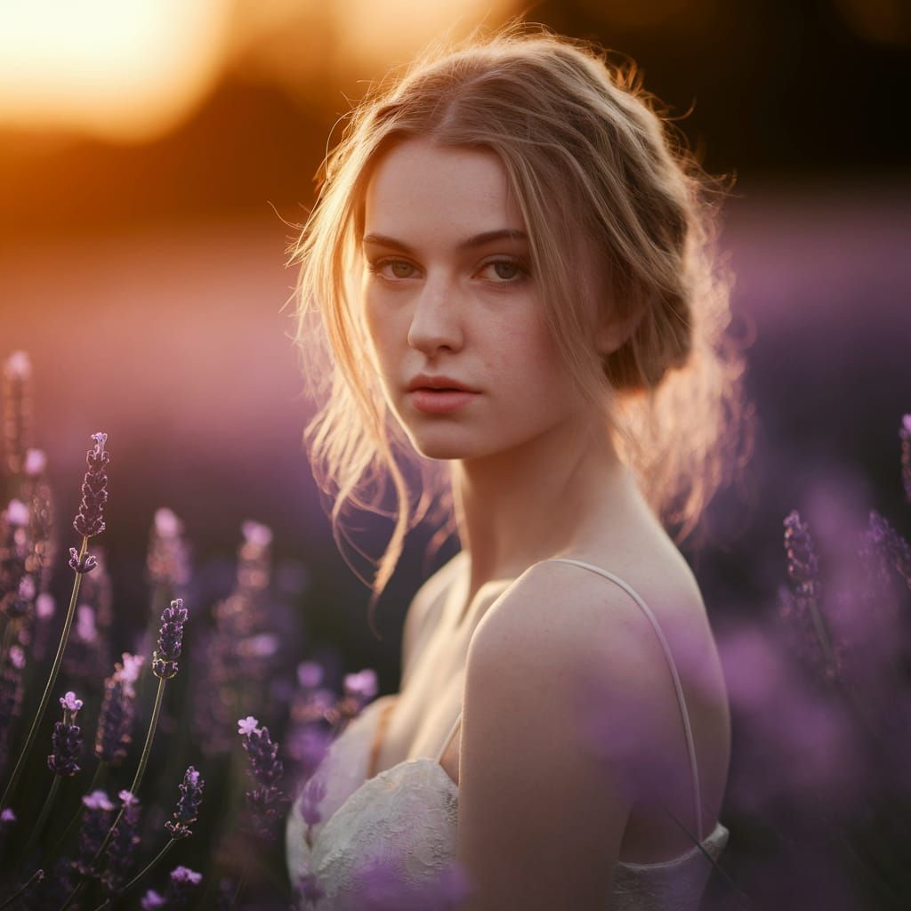 Golden Hour Portrait of Serene Woman in Lavender Field