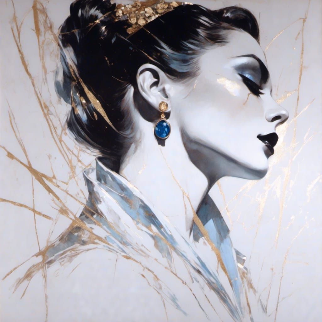 Golden Age Woman Sketch in Gold and Blue