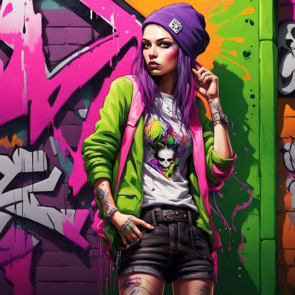 Punk Girl in Graffiti Art Style