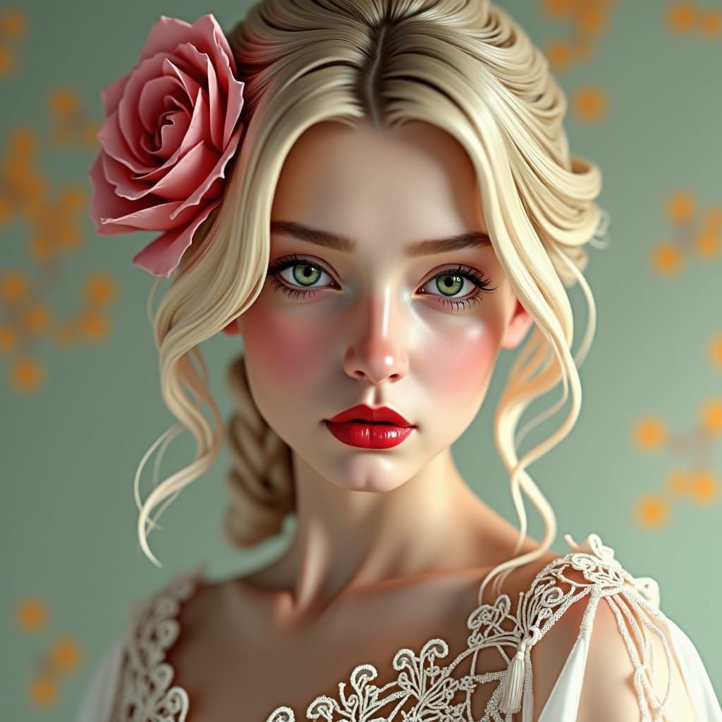 Enchanting Blonde Portrait with Rose, Hyperdetailed Art