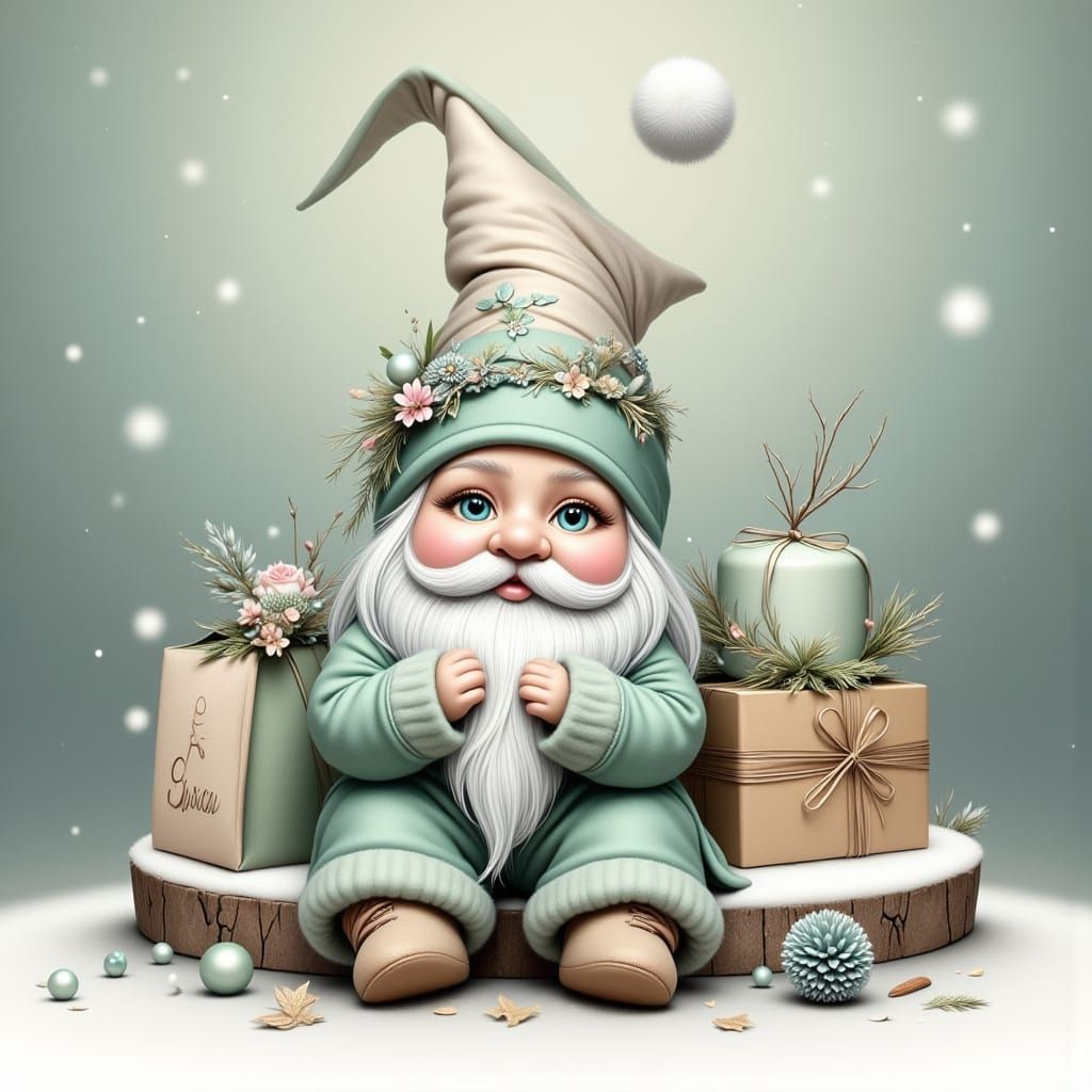 Adorable Winter Gnome Holding Festive Sign in Pastel Green