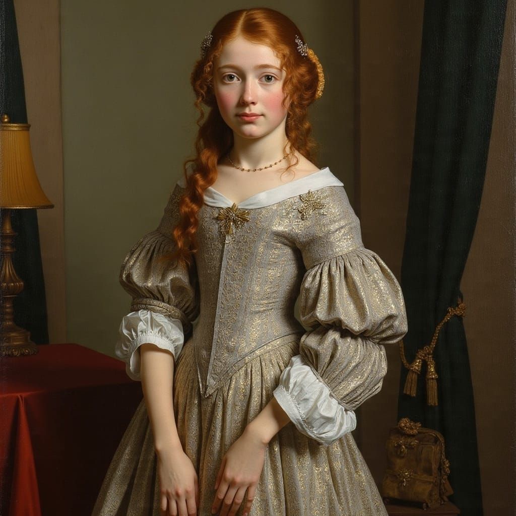 Mid 17th Century Noblewoman in Ginger Hair and Sage Green Ey...