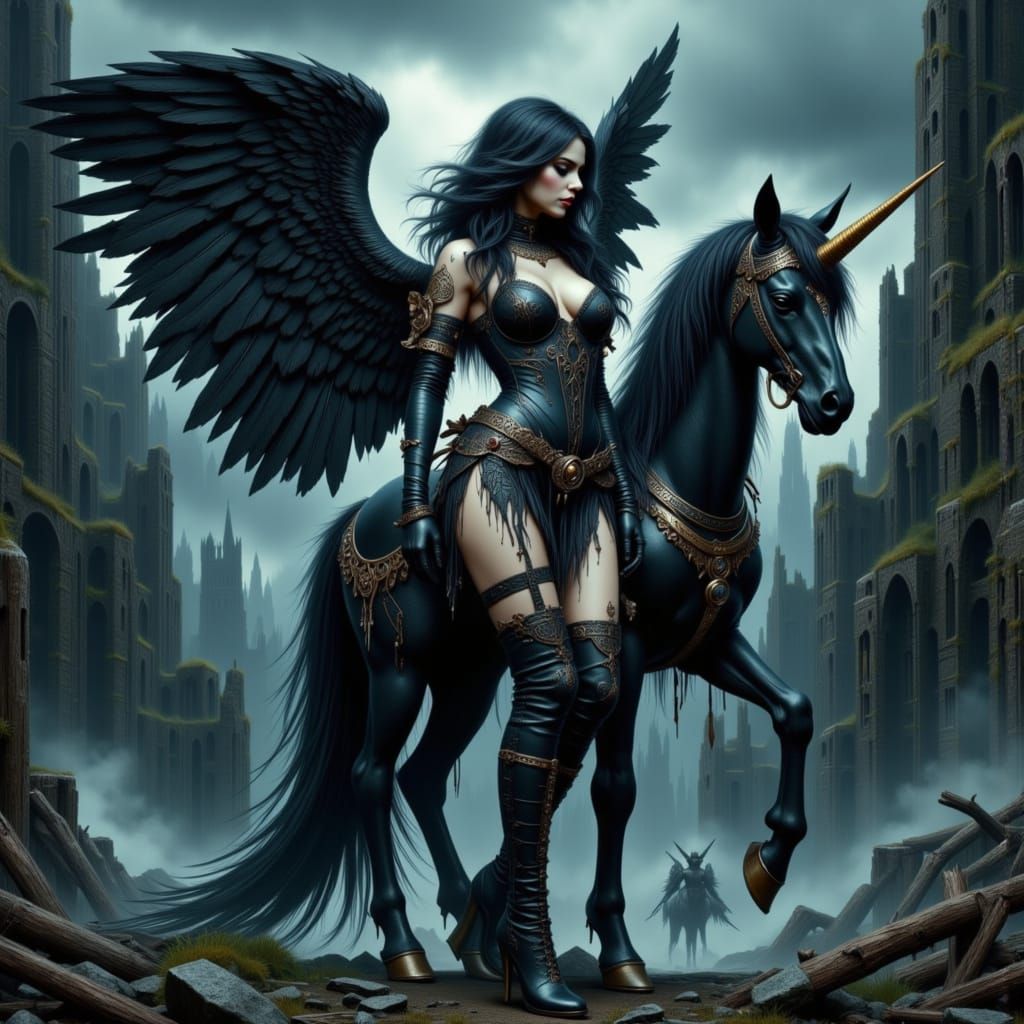 Majestic Fallen Angel Bimbo and Shadow Unicorn in Dark Fanta...