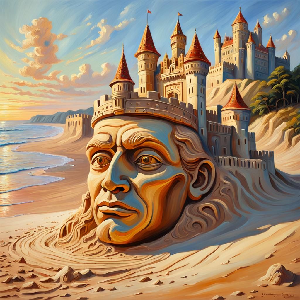 Beach Sandcastle Faces: Impressionist Oil Painting