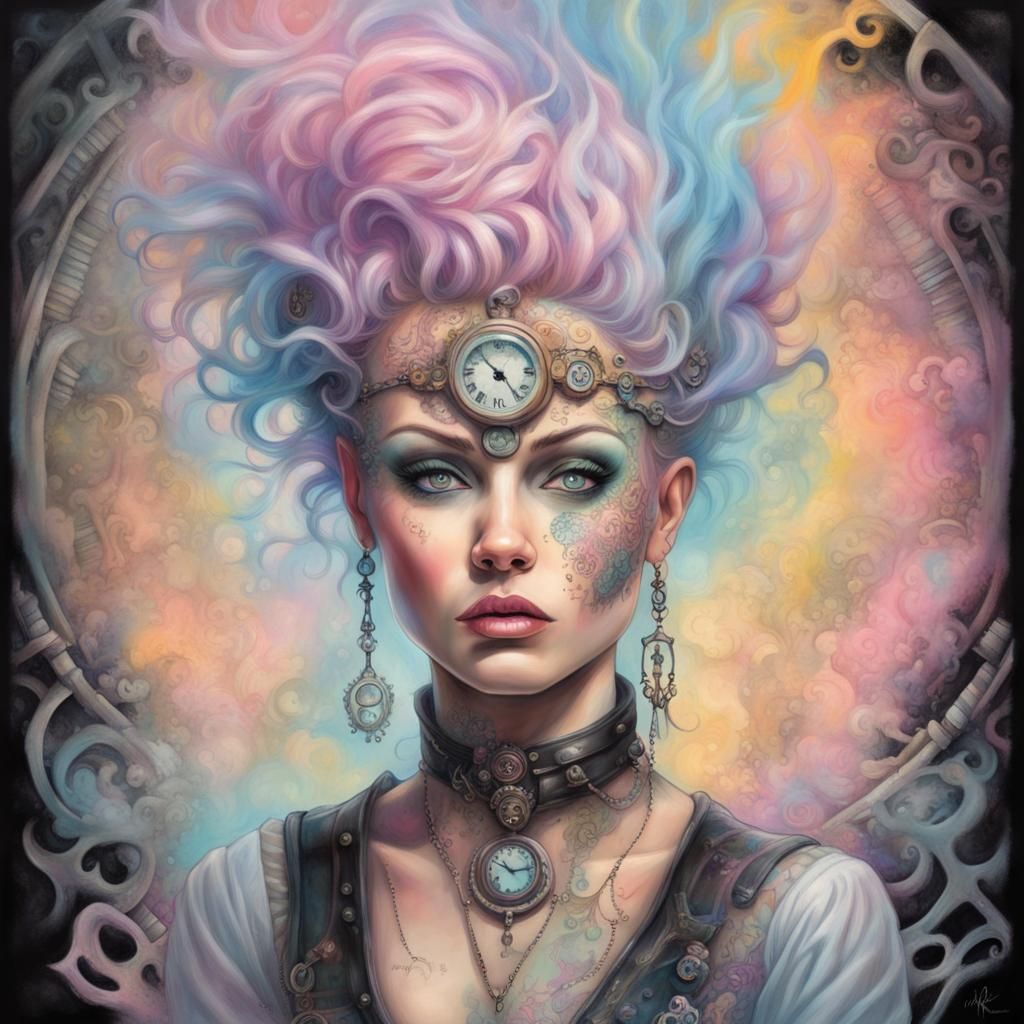 Neon Steampunk Woman with Rainbow Mohawk in Graffiti Style