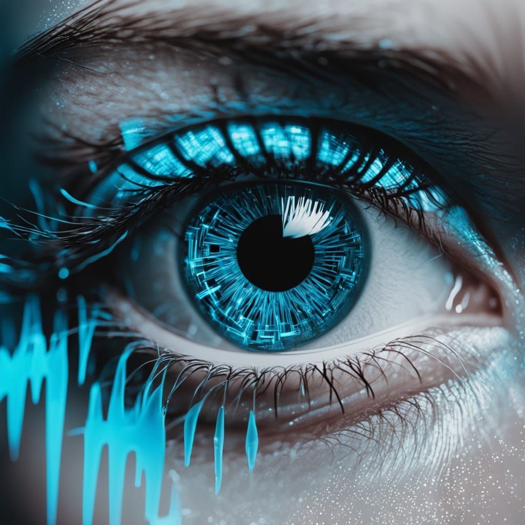 Human Eye Reflecting Neon Data Stream in Hyper-Futuristic St...