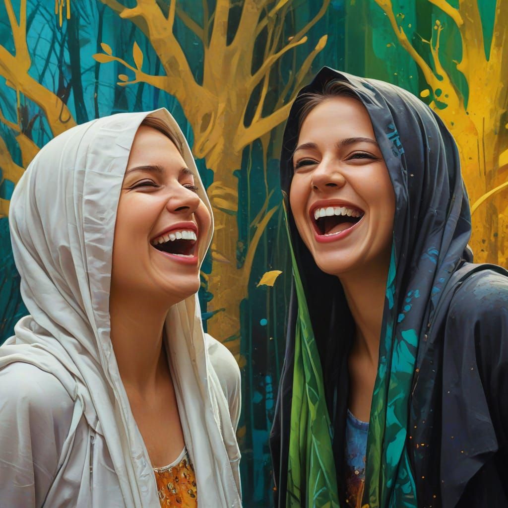 Laughing Women in Vibrant Street Art Style