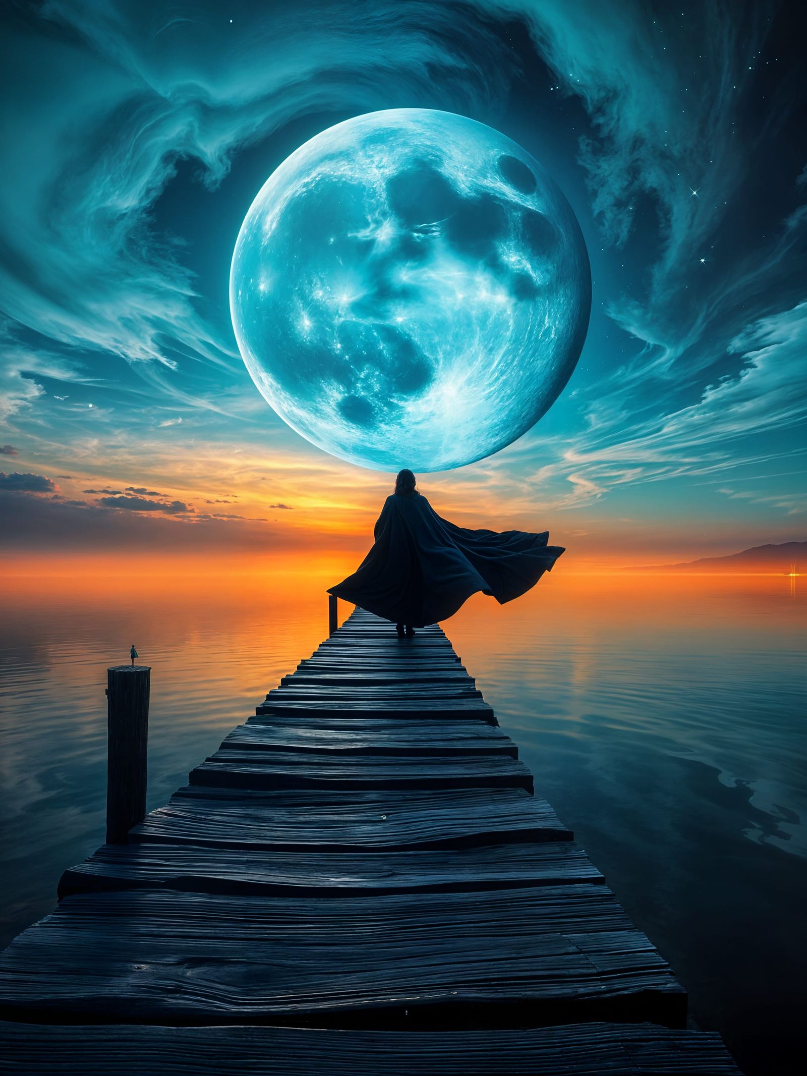 Mystical Nightscape with Woman Under Blue Moon